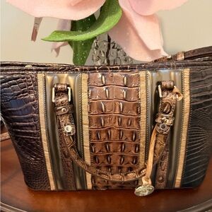 Brahmin Brown and Gold Crocodile-Embossed Shoulder Bag in patina Norati
